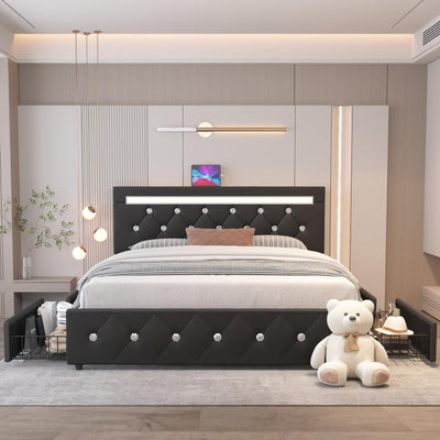 Benevika Queen Size Bed Frame with 4 Storage Drawers, Adjustable LED Headboard and USB Charging Station in Black PU Leather