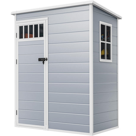 DWVO 5x3FT Outdoor Storage Shed with Fence-Style and Side Windows, Floor, Lockable Doors, Plastic Storage Shed for Backyard and Garden, Gray DWVO