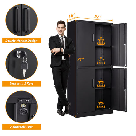 STANI Metal Storage Cabinet, Locking Steel Storage Cabinet with 4 Doors and 2 Adjustable Shelves, 71" Steel Lockable File Cabinet, Tall Steel Cabinet STANI