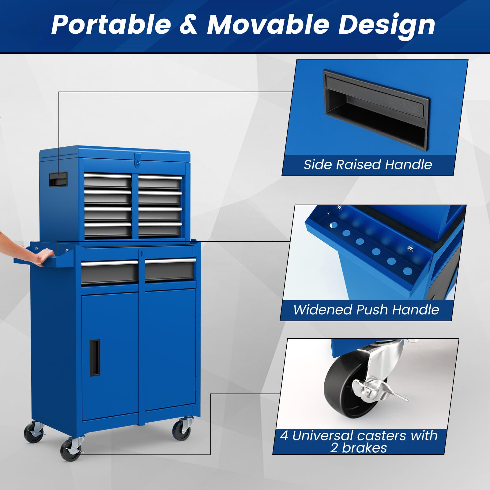 ERGOMASTER Tool Chest Heavy Duty Rolling Tool Cabinet 5-Drawer for Lockable Tool-Box & Removable Cabinet for Garage and Workshop - Blue - WoodArtSupply