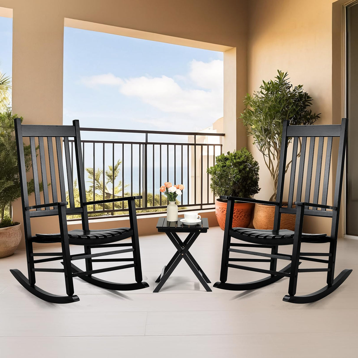 MAMIZO Outdoor Rocking Chair Set 3-Piece, Rocking Chair Patio Set of 2 with Side Table, with High Back,Indoors or Outdoor Wooden Rocking Chair, Easy to Assemble for Porch, Patio, Garden,Lawn, Balcony MAMIZO