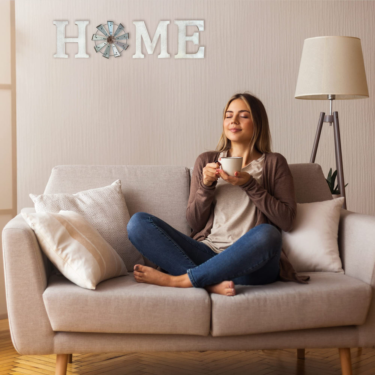 Farmhouse Wall Decor – Home Letters Sign with Rustic Metal Windmill & White Wood – Country Wall Hanging for Living Room or Kitchen Back Trail Decor