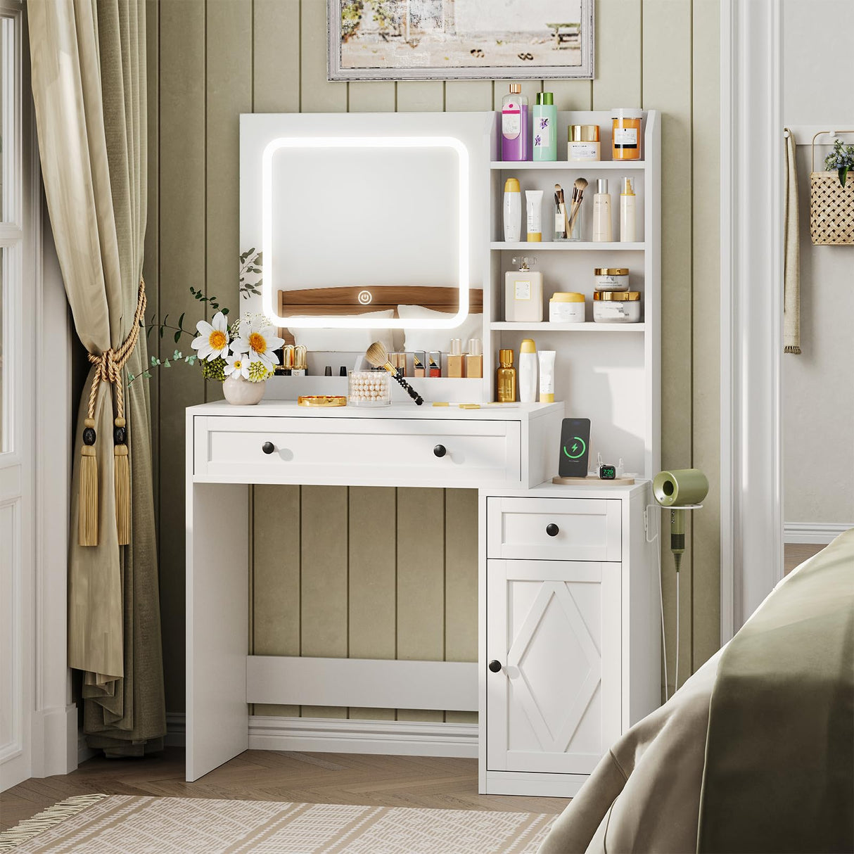 Vabches 35" Vanity Desk with Mirror and Lights, Farmhouse Makeup Vanity with Drawers & Power Outlet, Vanity Table with 3 Color Modes, Vanity Desk for Bedroom, White Vabches