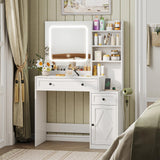 Vabches 35" Vanity Desk with Mirror and Lights, Farmhouse Makeup Vanity with Drawers & Power Outlet, Vanity Table with 3 Color Modes, Vanity Desk for Bedroom, White Vabches