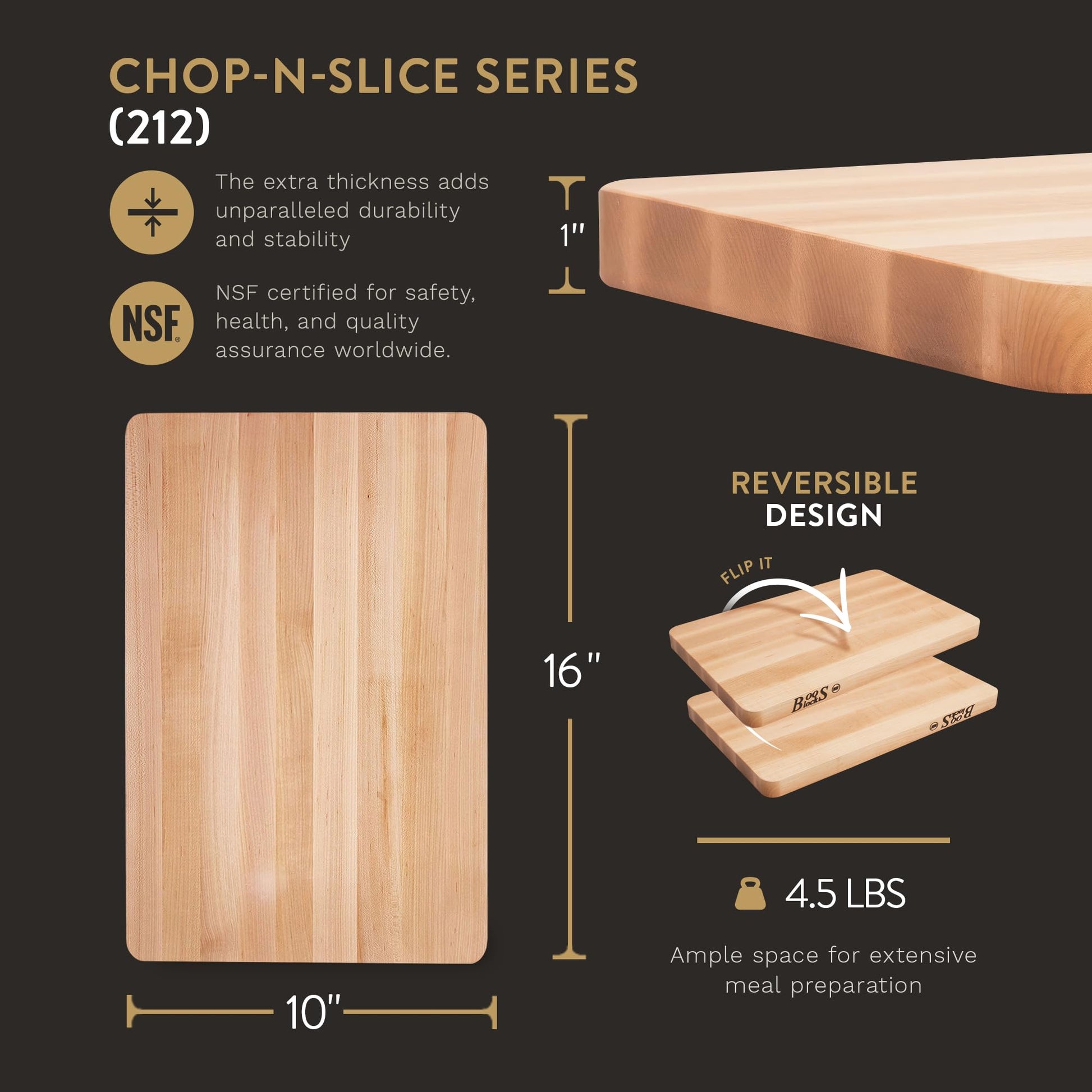 John Boos Chop-N-Slice Maple Wood Cutting Board for Kitchen Prep, 1" Thick, Small, Edge Grain, Rectangle Charcuterie Boos Block, 16" x 10", - WoodArtSupply