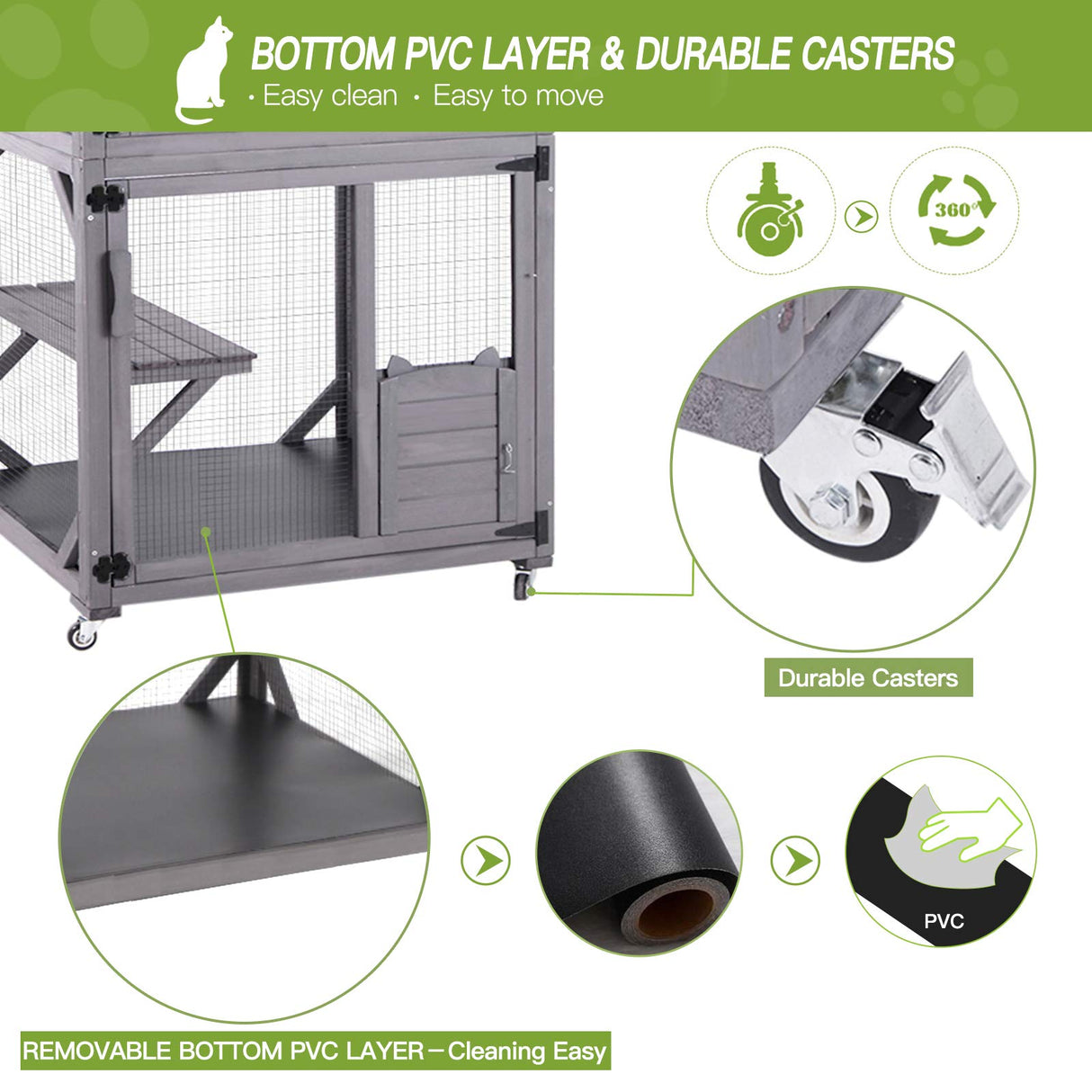 GUTINNEEN Cat House Outdoor Cage Cat Enclosure on Wheels,Large Wooden Kitty Catio with Resting Box,PVC Layer GUTINNEEN