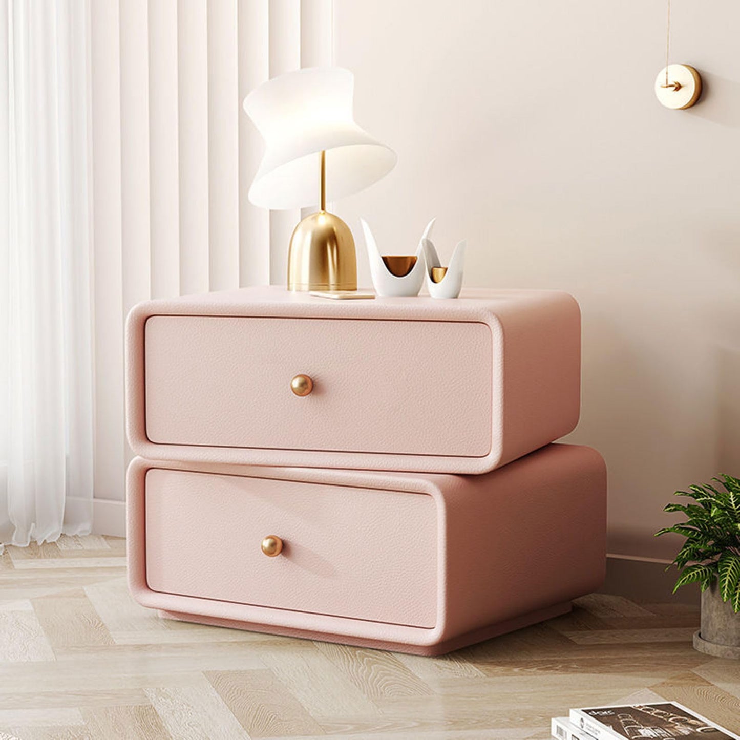 360° Rotating Night Stand with Drawers, Leather Desktop Bed Side Tables Bedroom Nightstand with Solid Wood Frame, Modern 2 Drawer Nightstand for Entryway,Bedroom (Pink)