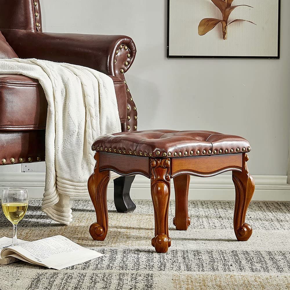 ZIRKOOON Wooden Foot Stool Square Rubberwood Ottoman Footrest Leather Cushion Sofa Stool for Living Room, Bedroom, Simple Assembly (Brown) ZIRKOOON