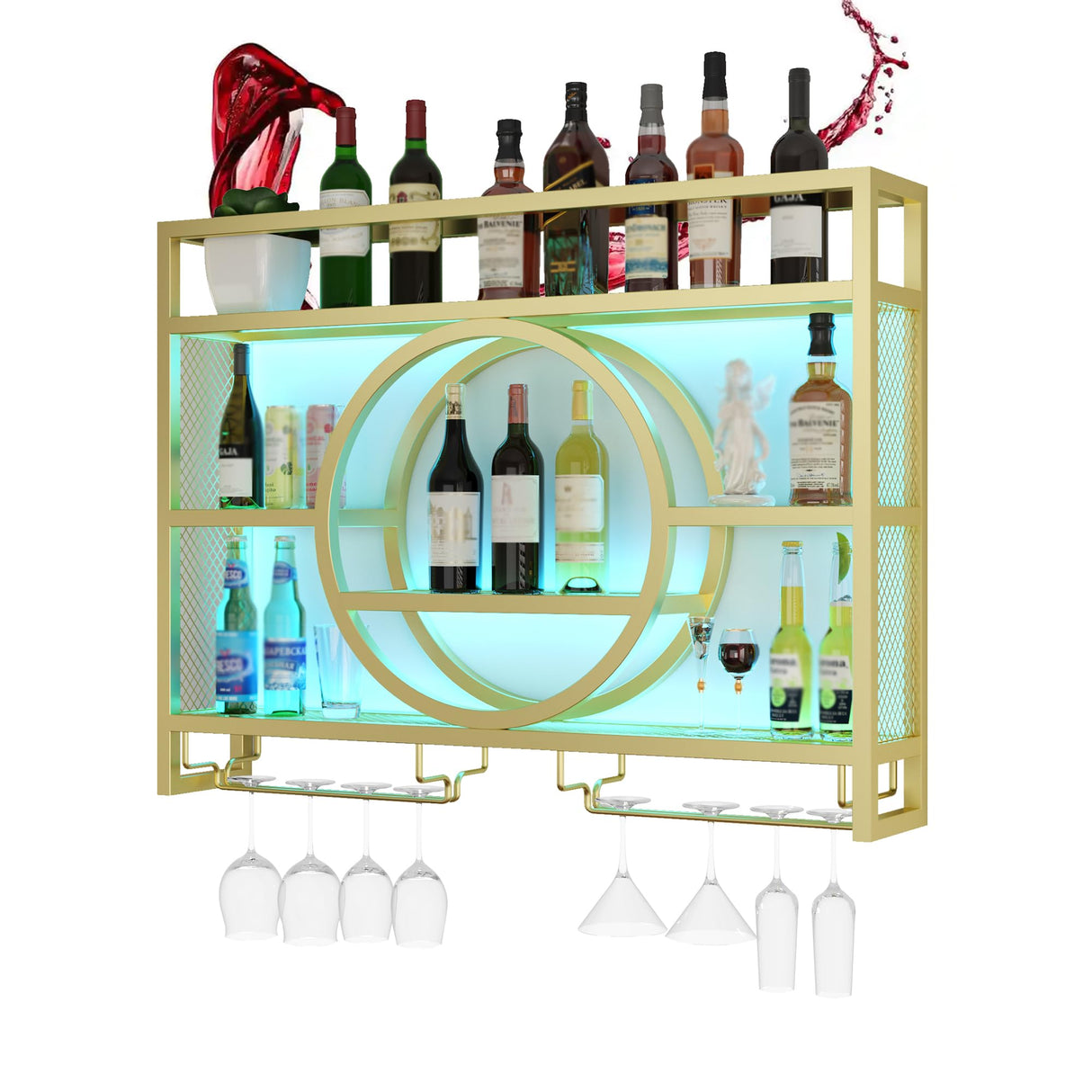 Wine Rack Wall Mounted with Wine Glass Rack Floating Bar Shelves for Liquor Bottles with LED Light Liquor Bottle Display Shelf Wall Bar Cabinet Mini Bar for Home Bar Dining Room Kitchen Living Room(Go WXZXWXZX