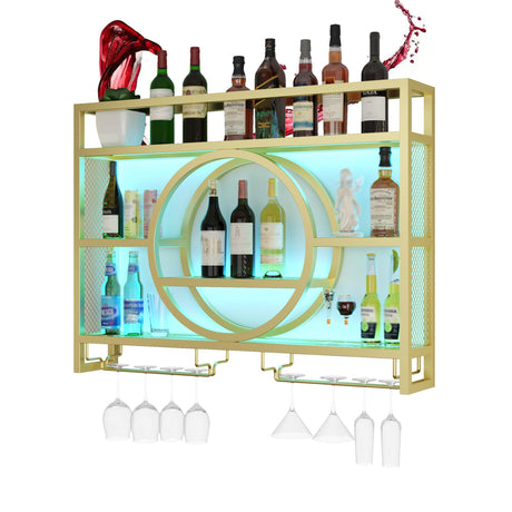 Wine Rack Wall Mounted with Wine Glass Rack Floating Bar Shelves for Liquor Bottles with LED Light Liquor Bottle Display Shelf Wall Bar Cabinet Mini Bar for Home Bar Dining Room Kitchen Living Room(Go WXZXWXZX