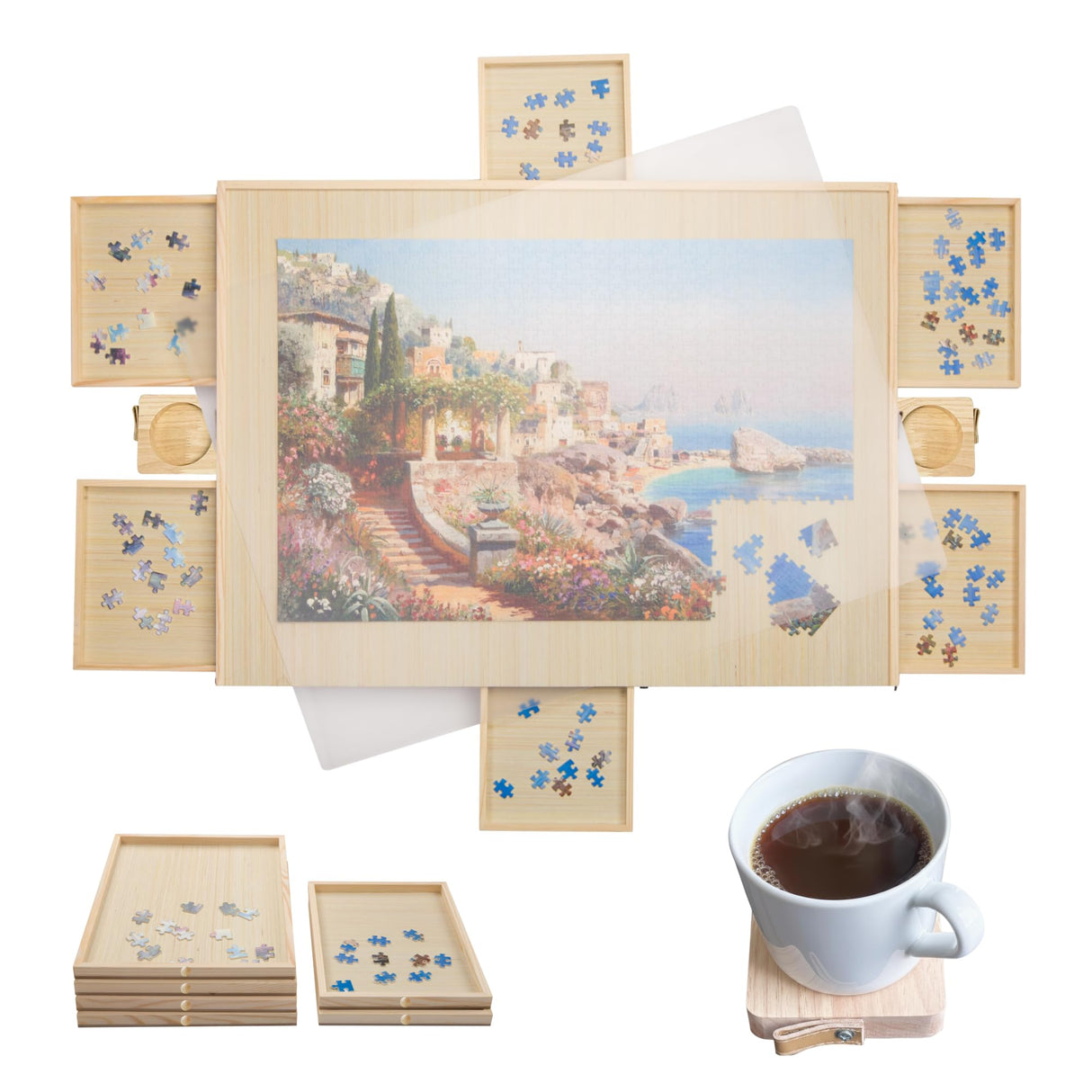 Gondola 1500 Pieces Puzzle Board with Mug Holders, 6 Drawers and Cover, Sturdy Jigsaw Puzzle Table Tray, 26"x35" Portable Wooden Jigsaw Puzzles Accessories, Jig Saw Home Holder Organizer Boards Gondola