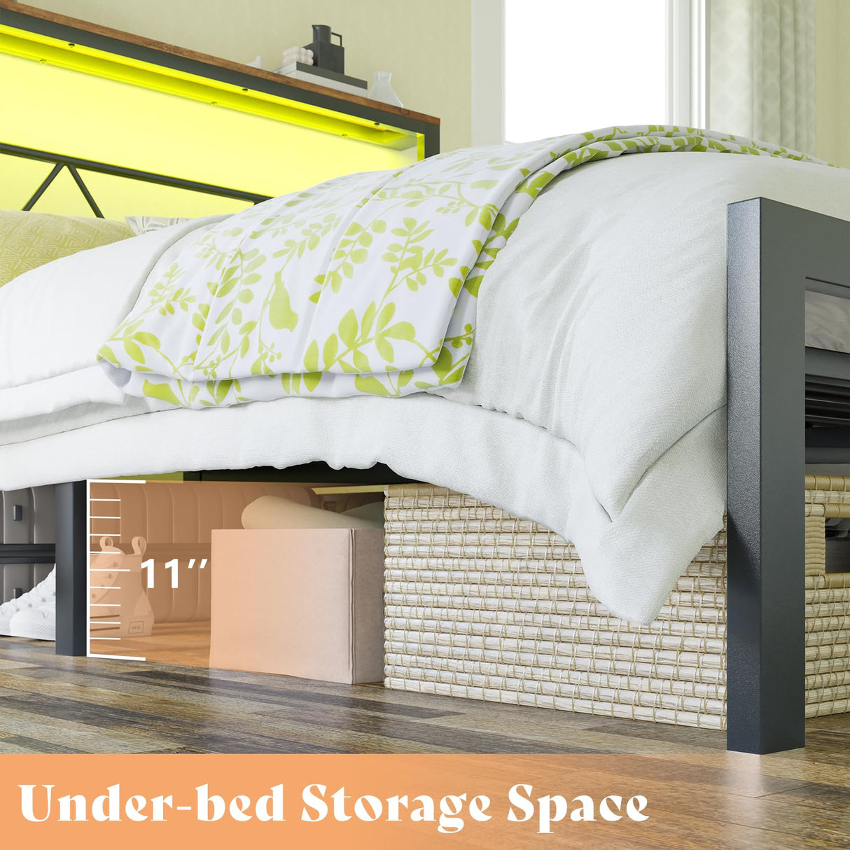 AMERLIFE Queen Size Metal Bed Frame with Headboard Shelf, Platform Bed Frame with LED Strip Light, 11" Underbed Height for Storage, Noise Free, No Box Spring Needed, Black AMERLIFE