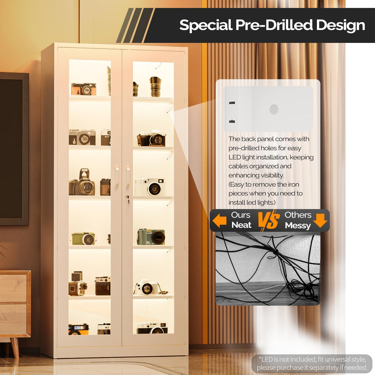 VINGLI Lockable Display Cabinet with Glass Doors & 5 Adjustable Shelves, 71" Tall White Metal Storage Cabinet Curio Liquor, Bookshelf Bookcase for Home Office Living Room Pantry Garage VINGLI