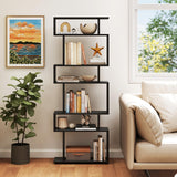 SILKYDRY 6 Tier S Shaped Bookshelf, Wood Geometric Bookcase, Modern Room Divider and Display Shelf, 64" Tall Staggered Bookshelf for Bedroom Living Room Office Study (2, Black) SILKYDRY