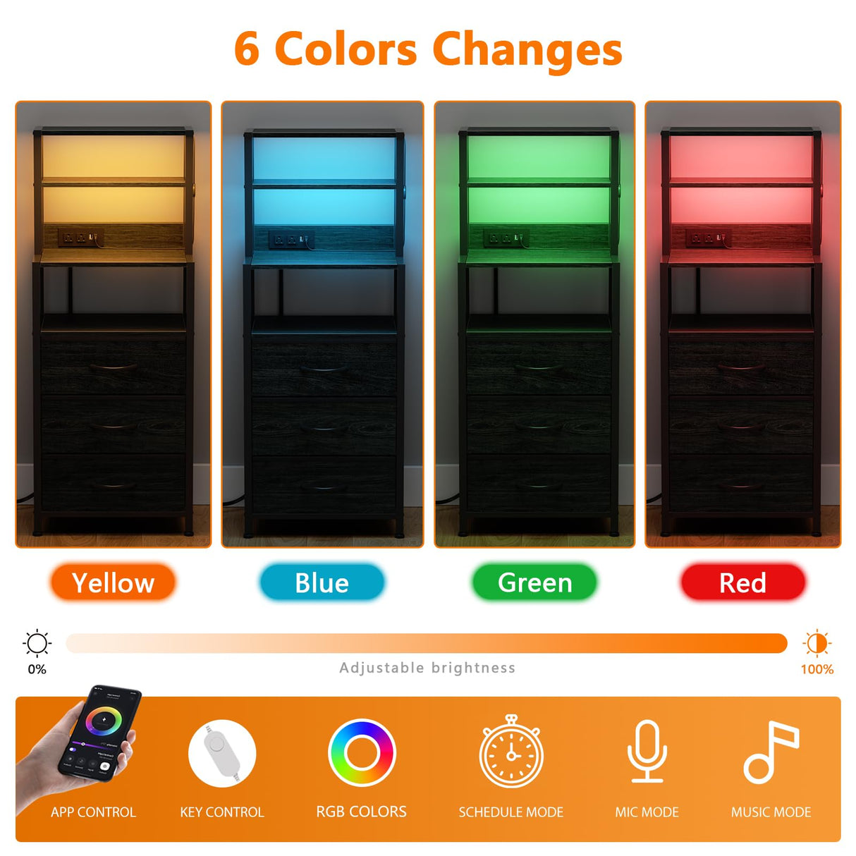 Furnulem Night Stand, Tall Nightstand with 4-Tier Shelves and 3 Fabric Drawers, LED Bed Side Tables with Charging Station, Bedside Table for Bedroom, Hallway, Home Office, Black Oak Furnulem