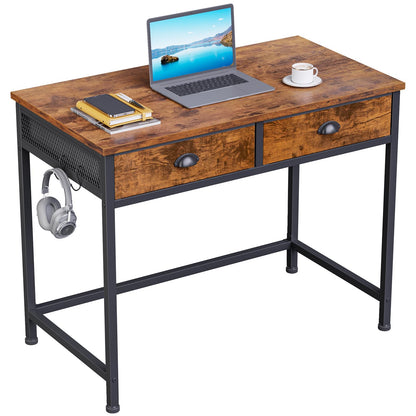 Furologee Computer Desk with 2 Fabric Drawers, Small Home Office Writing Desk, Vanity Desk with Hooks, Simple Study Desk for Small Spaces Bedroom,