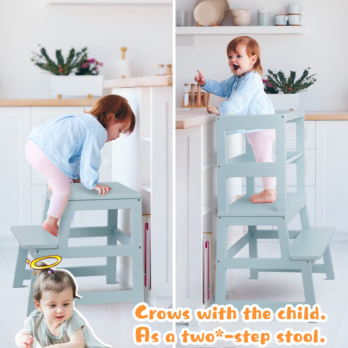 Kitchen Step Stool for Toddlers with Non-Slip Mat, WOOD CITY Wooden Kids Montessori Learning Stool Tower, Toddler Standing Tower Helper for Kitchen Counter and Bathroom Sink(Grey-Blue) WOOD CITY
