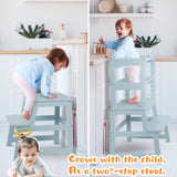 Kitchen Step Stool for Toddlers with Non-Slip Mat, WOOD CITY Wooden Kids Montessori Learning Stool Tower, Toddler Standing Tower Helper for Kitchen Counter and Bathroom Sink(Grey-Blue) WOOD CITY