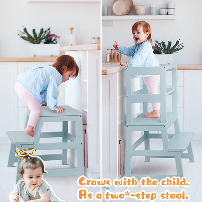 Kitchen Step Stool for Toddlers with Non-Slip Mat, WOOD CITY Wooden Kids Montessori Learning Stool Tower, Toddler Standing Tower Helper for Kitchen Counter and Bathroom Sink(Grey-Blue)