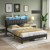 Halitaa LED Queen Bed Frame with Charging Station and Upholstered Bookcase Headboard in Wash Grey Halitaa