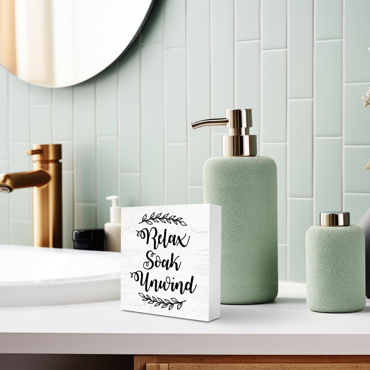 Funny Farmhouse Bathroom Decor for Shelves Relax Soak Unwind Wood Sign 5 X 5 inch Bathroom Accessories Decor Bathroom Toilet Wall Shelf Counter Restroom Home Decor for Her Him