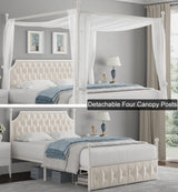 Keyluv Beige Upholstered Canopy Bed Frame with 2 Storage Drawers and Button Tufted Headboard Keyluv