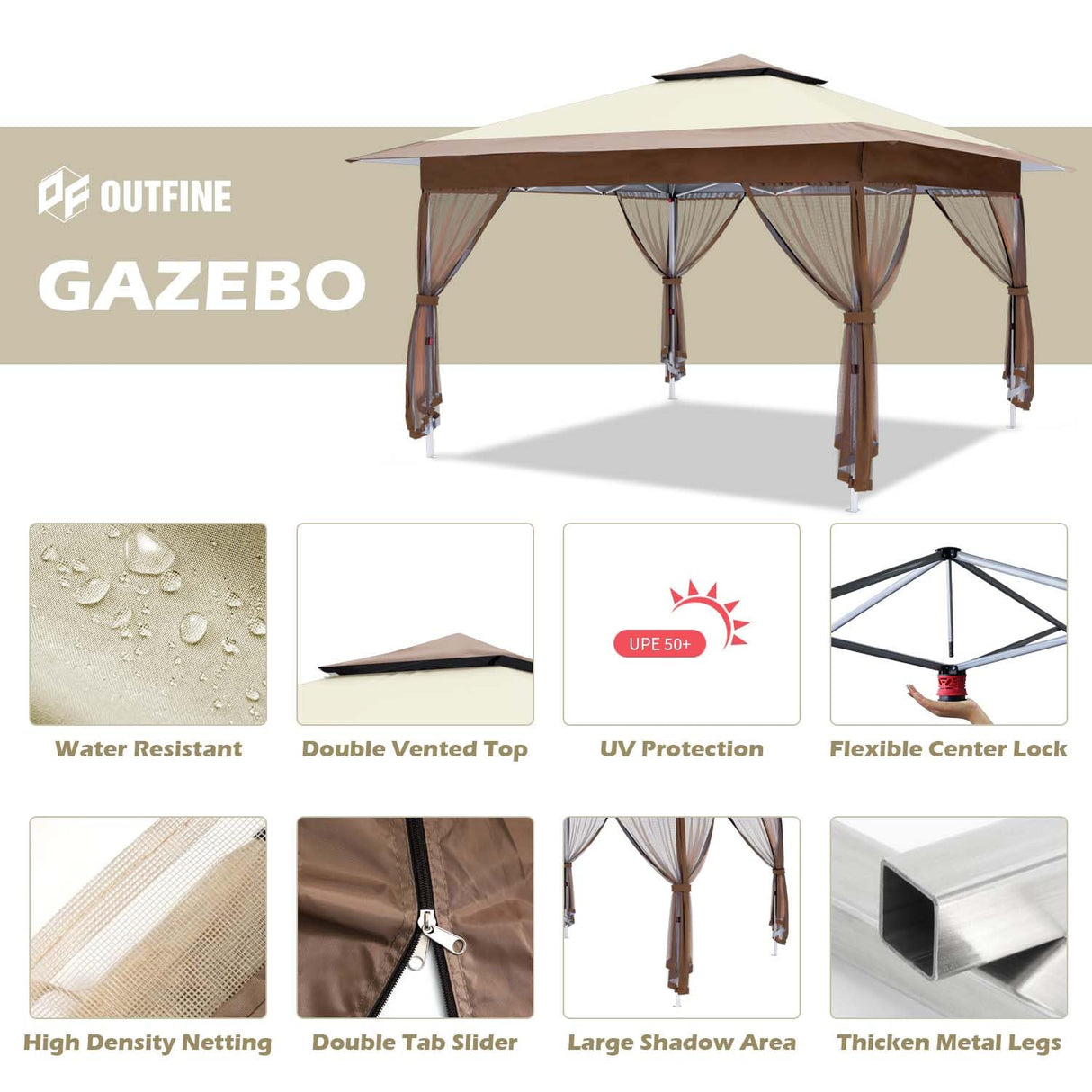 OUTFINE 12'x12' Gazebo Outdoor Pop up Canopy Tent with Curtains and Shelter for Patio, Party & Backyard (Khaki) OUTFINE