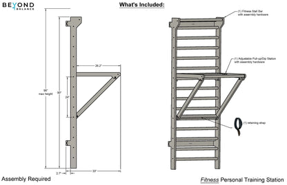 Stall Bar Training Tower: Swedish Ladder with Adjustable Pull-Up Dip Bar Attachment (1.5" Round, Beech Rungs)