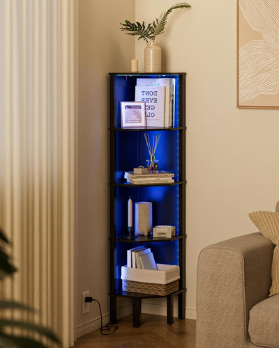 Acodaiuy Corner Shelf, 5 Tier Corner Bookshelf with LED Light,Wall Display Corner Shelf Stand with Storage Rack for Living Room,Bedroom,Office,Black