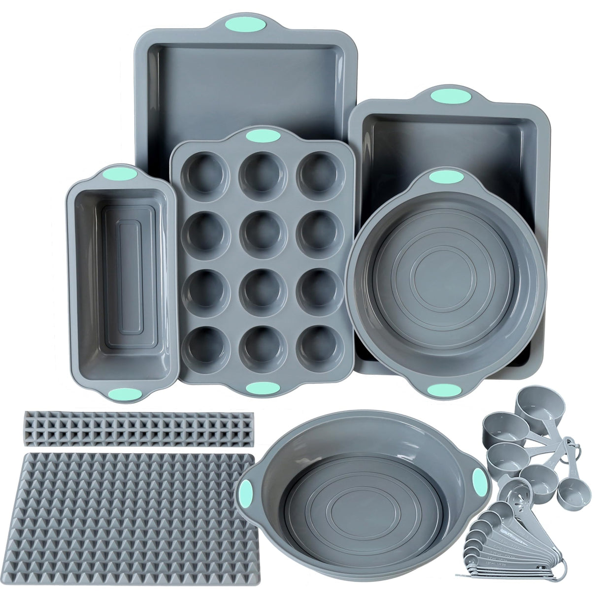 To encounter 8 in 1 Silicone Baking Set - 6 Silicone Molds - 2 Silicone Baking Mat, Nonstick Cookie Sheet, Cake Muffin Bread Pan with Grips and Metal Reinforced Frame More Strength, Light Grey To encounter