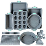 To encounter 8 in 1 Silicone Baking Set - 6 Silicone Molds - 2 Silicone Baking Mat, Nonstick Cookie Sheet, Cake Muffin Bread Pan with Grips and Metal Reinforced Frame More Strength, Light Grey To encounter