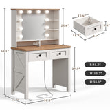 EnHomee Vanity Desk with Mirror and Lights 31.5" W Farmhouse Makeup Vanity Desk with Charging Station Vanity Table with 2 Drawers & Shelves 3 Color Modes Adjustable, Stool Not Included, Antique White EnHomee