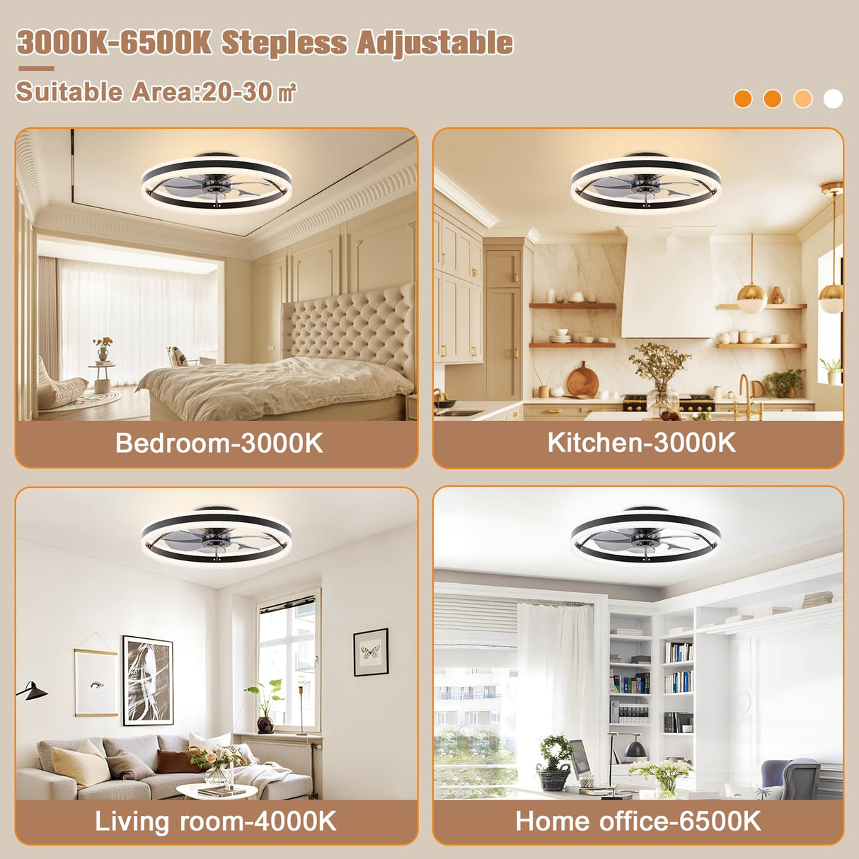 VOLISUN Low Profile Ceiling Fans with Lights and Remote, 23.6in Flush Mount Ceiling Fans with Light, 3000K-6500K Dimmable Fandelier LED Fan Light, Black Bladeless Ceiling Fans with Lights for Bedroom VOLISUN