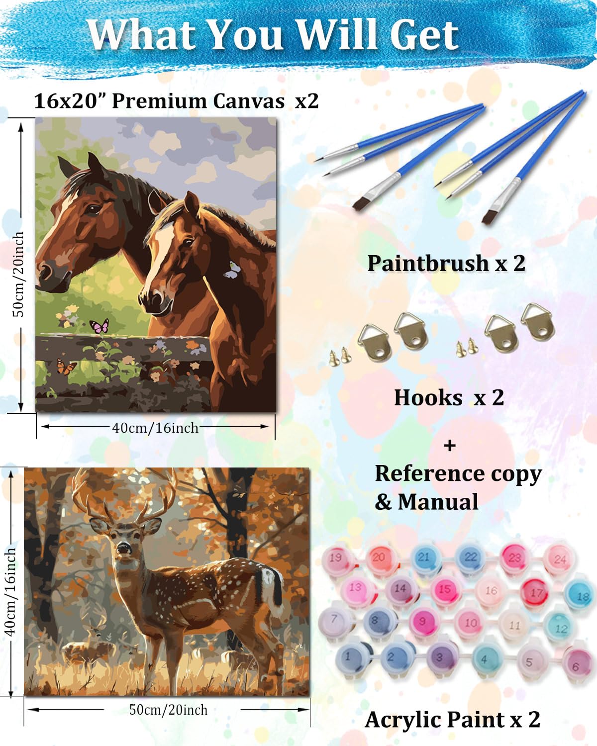 TOCARE 2 Pack Paint by Numbers Kit for Adults Horse, 16x20inch Deer Adult Paint by Number Canvas,Adults' Paint-by-Number Kits for Animals Lovers TOCARE
