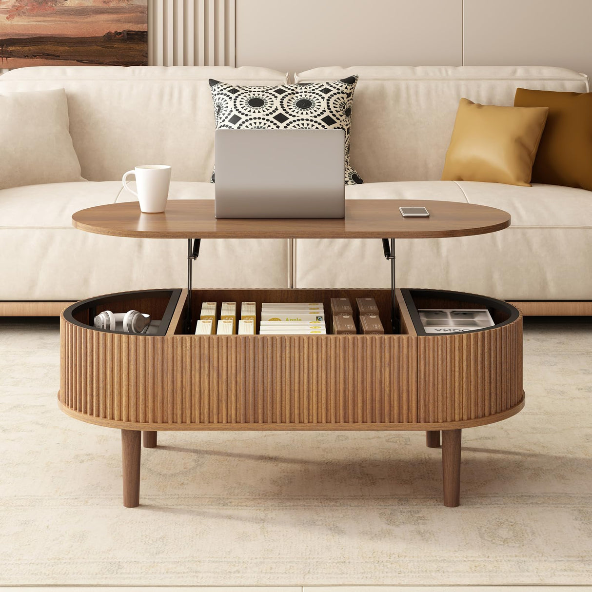 Ludatido 39 Inch Lift Top Coffee Table with 3 Storage for Living Room, Oval Coffee Table with Hidden Compartment, Fully Wooden Center Easy to Assembled for Home Living Room Office Brown Ludatido