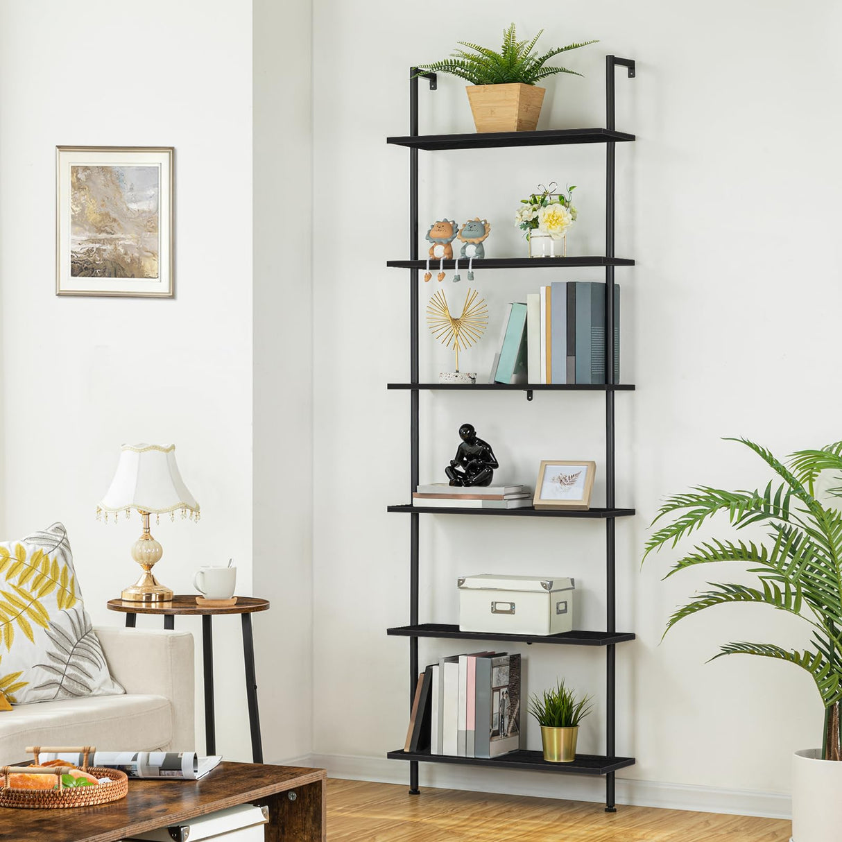 HOOBRO DIY Ladder Shelf, 6-Tier Wall Mounted Bookshelf, Office Vertical Bookcase, Wooden Storage Shelves for Home Office, Bedroom, Black BB65CJ01 HOOBRO