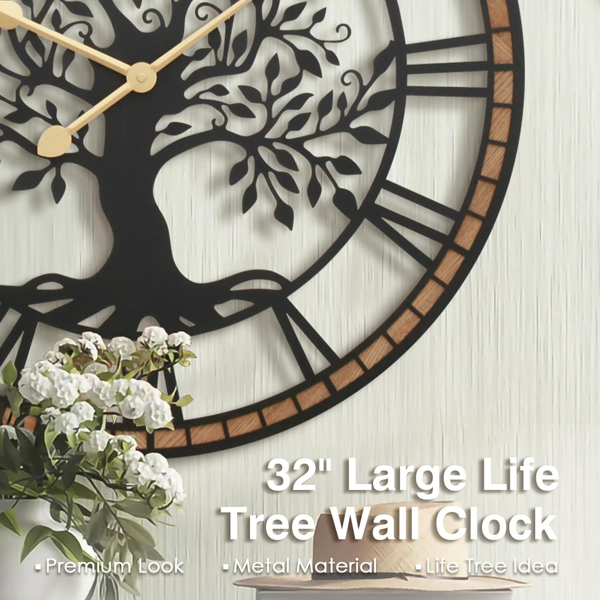 Micasso 32 in Large Tree of Life Wall Clock, Metal Black Modern Wall Clock with Solid Wood Frame, Oversized Non-Ticking Battery Operated Silent Clock for Office,Living Room,Kitchen Micasso