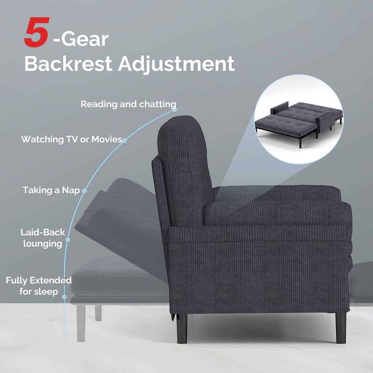 homeokay Convertible Queen Sleeper Sofa Bed Couch, with Pull-Out Feature, 5 Adjustable Backrest Positions, Removable Armrests, Ottoman, and Storage for Living Room(Gray) homeokay