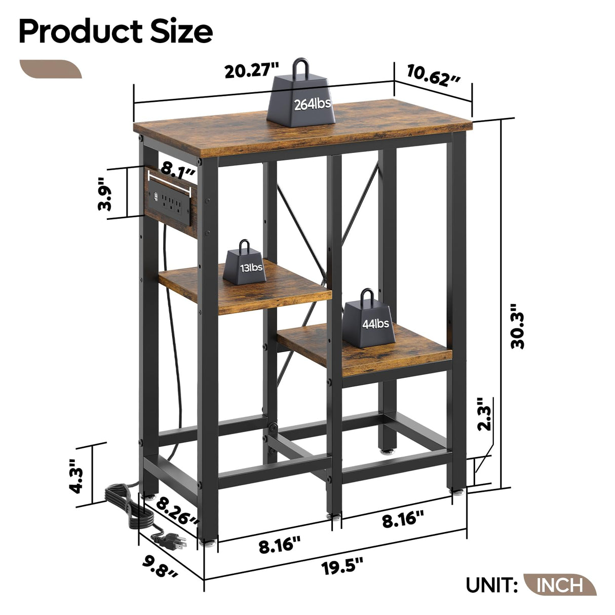 Bestier 10 Gallon Fish Tank Stand with Power Outlet, 20.3x10.6 Metal Aquarium Stand, 6-Leg Reptile Tank Stand with 3-Tier Adjustable Storage Shelves, 264LBS Capacity，Rustic Brown Bestier