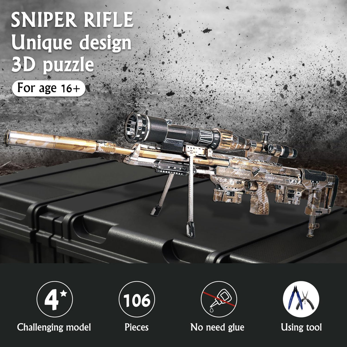Microworld 3D Metal Puzzle, Mechanical Sniper Rifle Metal Model Kits, Brain Teaser DIY Challenge 3D Puzzle for Adult Art Craft Microworld