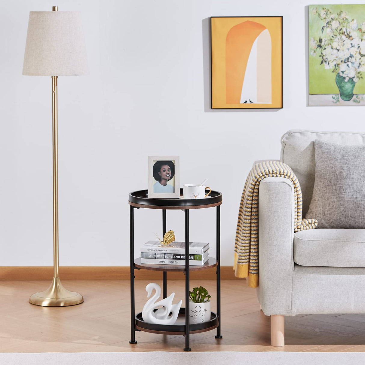 Dulcii Side Table, Round End Table with 3 Storage Shelves for Living Room, Bedroom, Nightstand with Steel Frame for Small Spaces, Industrial Round Sofa Table, Outdoor Accent Coffee Table, Rustic Brown Dulcii