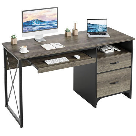 Bestier Office Desk with Drawers, 55 inch Industrial Computer Desk with Storage, Wood Teacher Desk with Keyboard Tray & File Drawer for Home Office, Dark Gray Oak Bestier