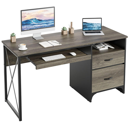 Bestier Office Desk with Drawers, 55 inch Industrial Computer Desk with Storage, Wood Teacher Desk with Keyboard Tray & File Drawer for Home Office, Dark Gray Oak