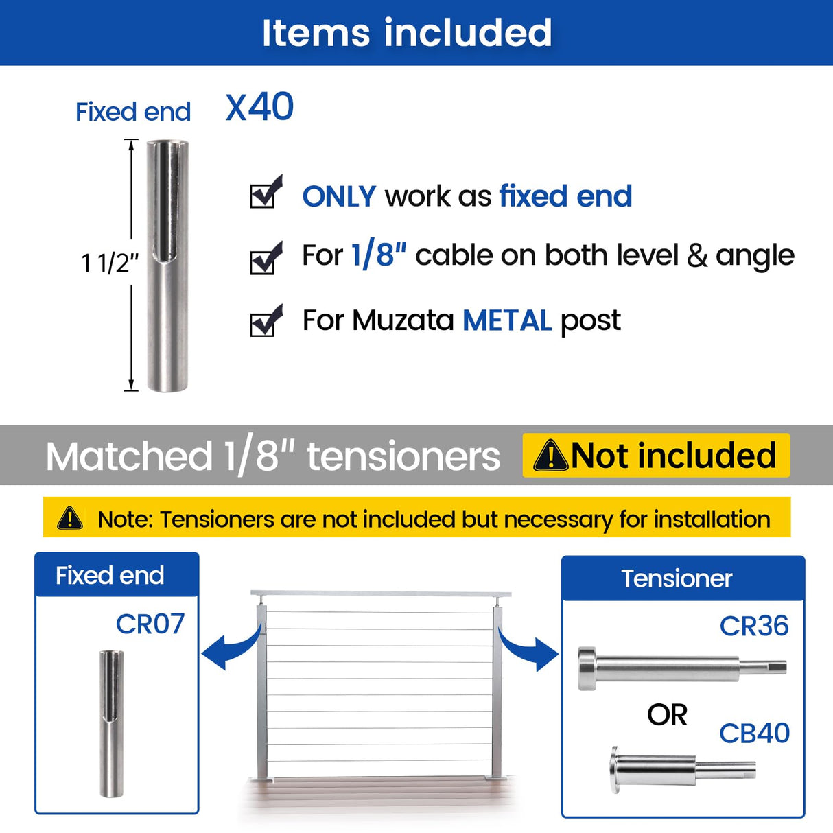 Muzata 40 Pack 1/8" Invisible Cable Railing Kit Hardware Cable Railing Toggle Anchor Terminal Fixed End for Metal Post T316 Stainless Steel Stair Angle Adjustable Deck One-Post Corner CR07 Muzata