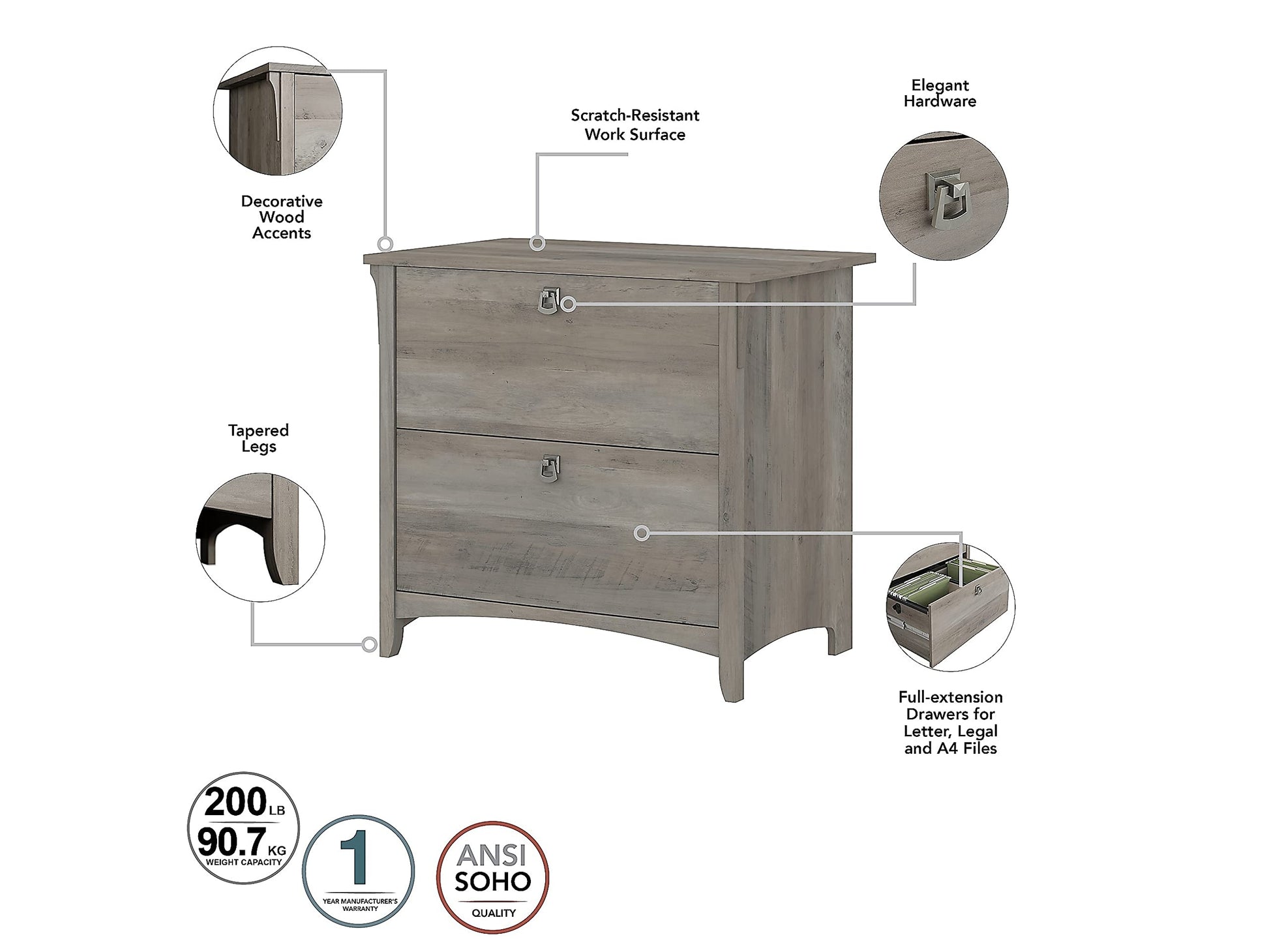 Bush Business Furniture Salinas 60W L-Shaped Desk Set with Hutch, File Cabinet & Bookcase in Driftwood Gray - WoodArtSupply