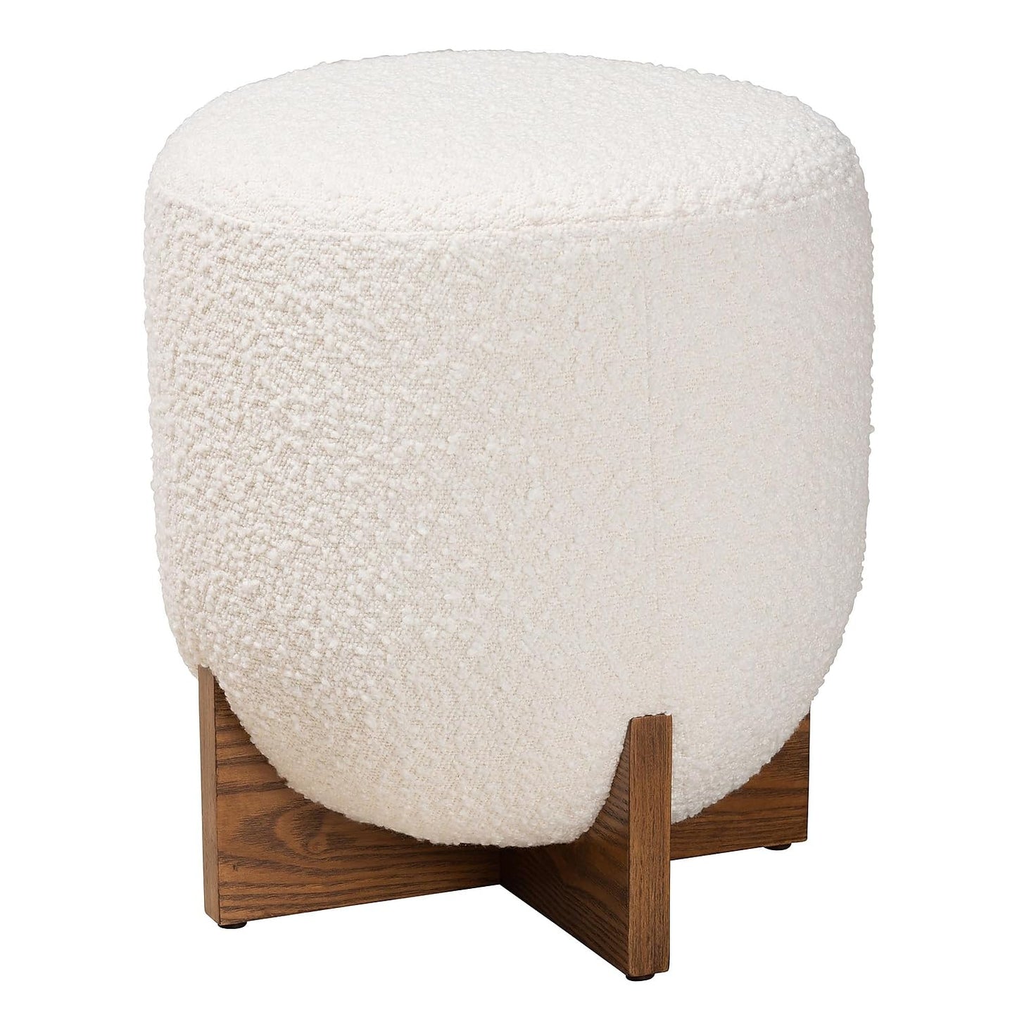 Baxton Studio Fisk Cream Boucle Fabric and Walnut Brown Wood Ottoman Footstool