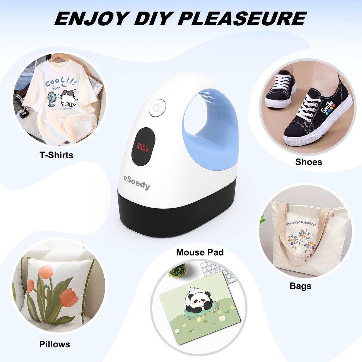 eSeedy Mini Heat Press Machine, 3 Heat Settings& Fast Heating, 15 Mins Auto-Off, Insulated Safety Base, Mini Iron for Crafting, T Shirts, Hats, Heating Transfer Projects(White Blue) eSeedy
