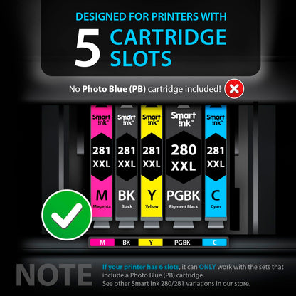 Smart Ink Compatible Ink Cartridges Replacement for Canon 281 280 PGI-280XXL CLI-281XXL (5 Combo Pack) to use with Canon Printers Pixma TR8520 TS9120 TS6120 TR8620 TR8620a TS6320 TR7520 PGBK/BK/C/M/Y