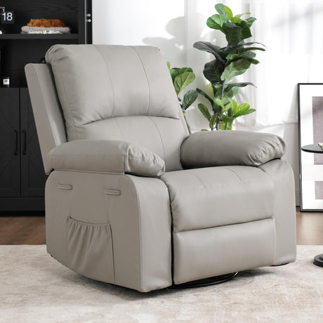 zzlay 360° Swivel Rocking Leather Recliner Chair for Adults, Overstuffed Manual Recliner with Spring Cushion, Glider Rocking Nursery Single Sofa with Side Pockets for Living Room, Beige zzlay