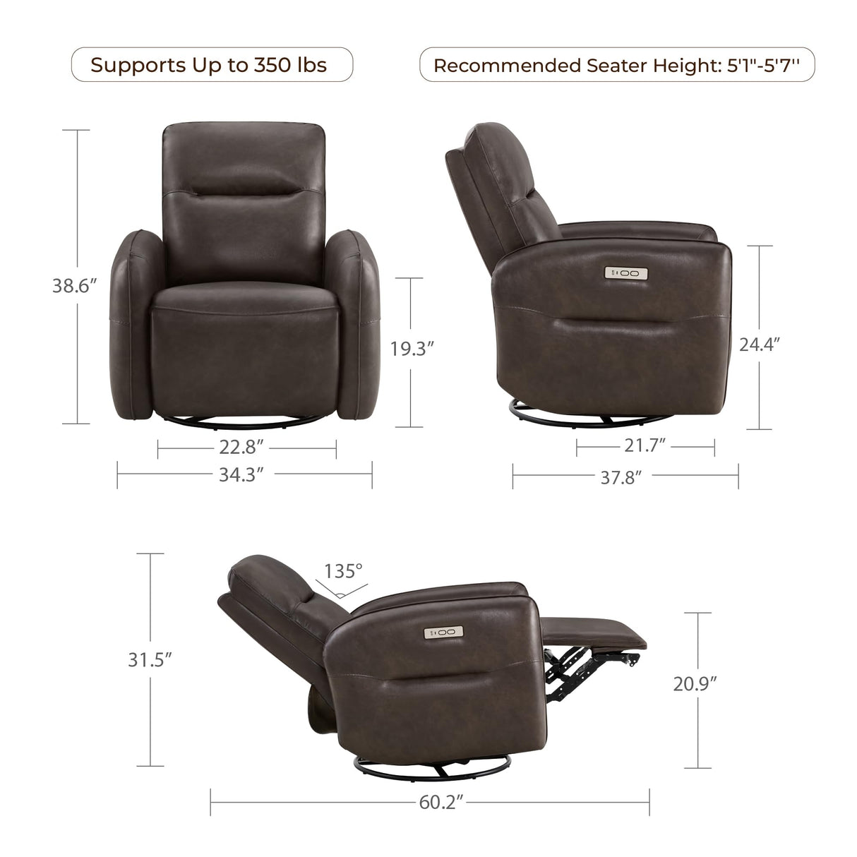 CHITA Faux Leather Power Recliner Chair, Swivel Glider Recliner for Adults, Nursery Rocking Chair with USB & Type-C Charging for Living Room, Bedroom, Chocolate Brown CHITA